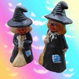 Vintage Flambro Ceramic Pumpkin Face Witch Set 2 Halloween